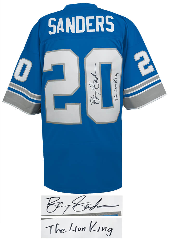 Barry Sanders Signed Detroit Lions Blue 1996 Throwback M&N NFL Legacy Football Jersey w/The Lion King - SANJRY323 - Barry Sanders Signed Detroit Lions Blue 1996 Throwback M&N NFL Legacy Football Jersey w/The Lion King product image