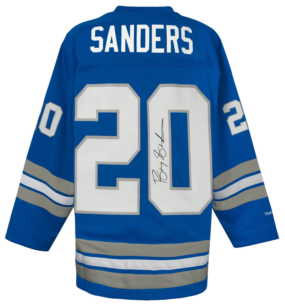 Barry Sanders Signed Detroit Lions Blue Maxxed Out Fashion M&N Hockey Jersey - SANJRY328 - Barry Sanders Signed Detroit Lions Blue Maxxed Out Fashion M&N Hockey Jersey product image