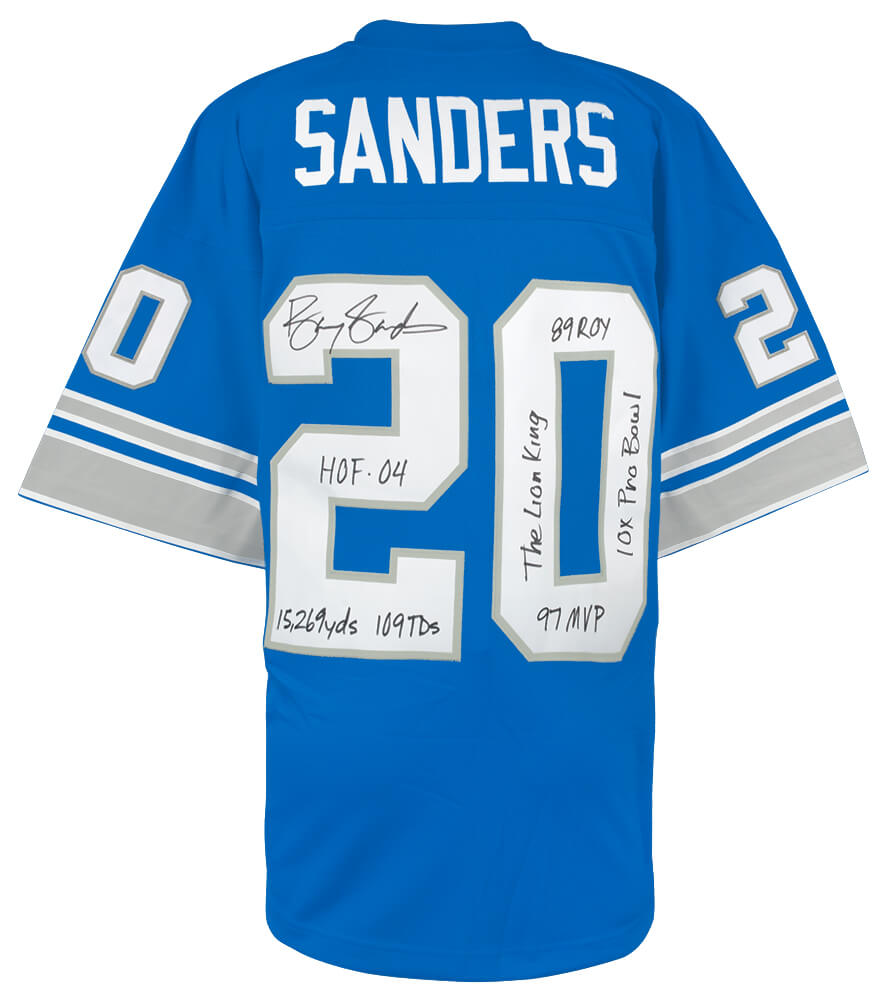 Barry Sanders Signed Detroit Lions Blue 1996 Throwback M&N NFL Legacy Football Jersey w/7-Inscriptions - SANJRY331 - Barry Sanders Signed Detroit Lions Blue 1996 Throwback M&N NFL Legacy Football Jersey w/7-Inscriptions product image