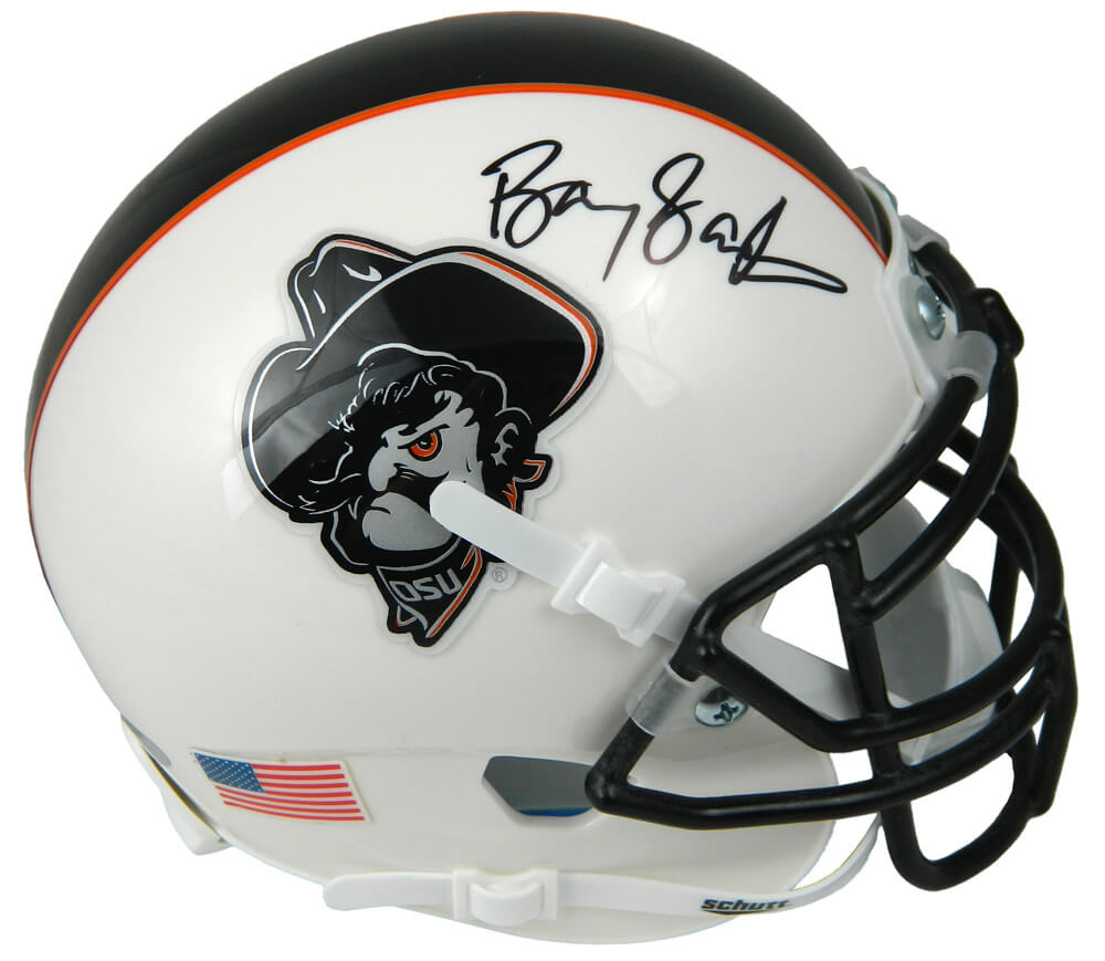 Barry Sanders Signed Oklahoma State Cowboys White Pistol Pete Logo Schutt Mini Helmet - SANMIN312 - Barry Sanders Signed Oklahoma State Cowboys White Pistol Pete Logo Schutt Mini Helmet product image