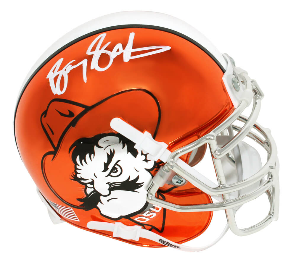 Barry Sanders Signed Oklahoma State Orange Pistol Pete Logo Chrome Schutt Mini Helmet - SANMIN316 - Barry Sanders Signed Oklahoma State Orange Pistol Pete Logo Chrome Schutt Mini Helmet product image