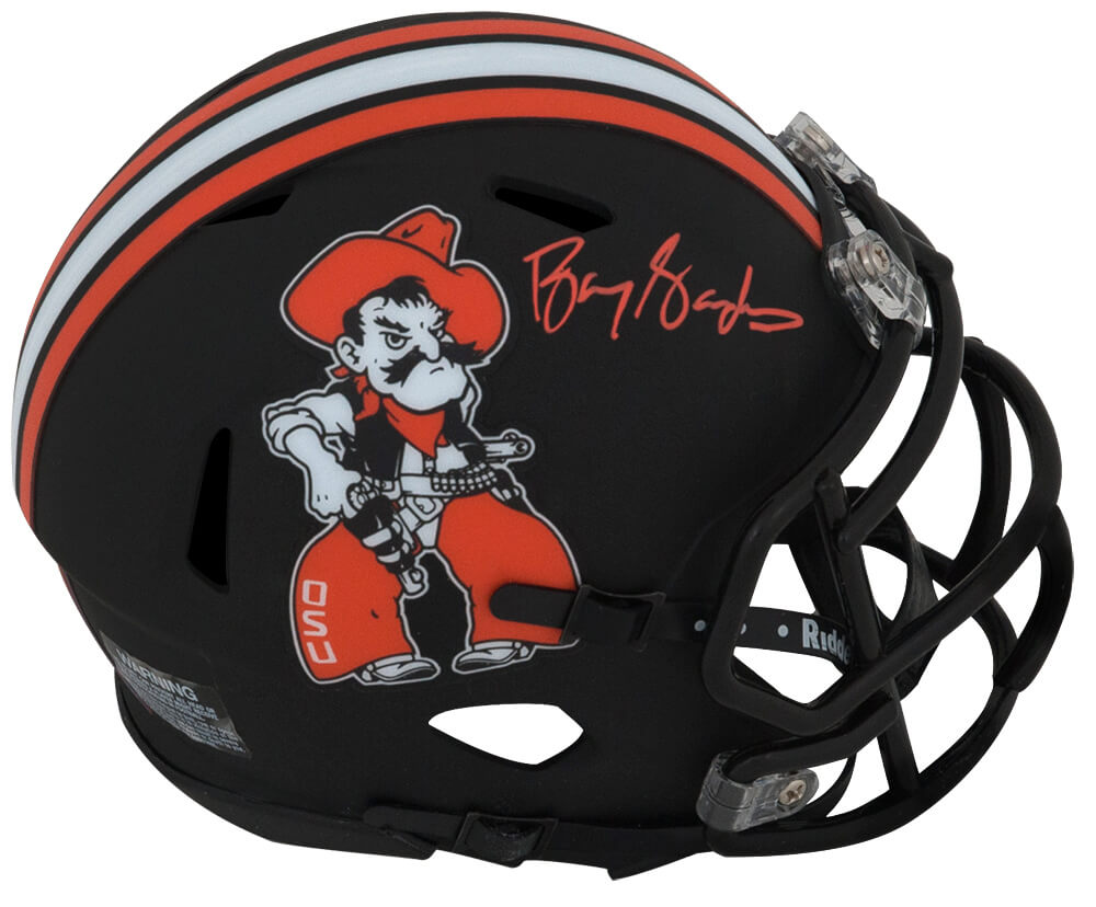 Barry Sanders Signed Oklahoma State Pistol Pete Black Riddell Speed Mini Helmet - SANMIN337 - Barry Sanders Signed Oklahoma State Pistol Pete Black Riddell Speed Mini Helmet product image