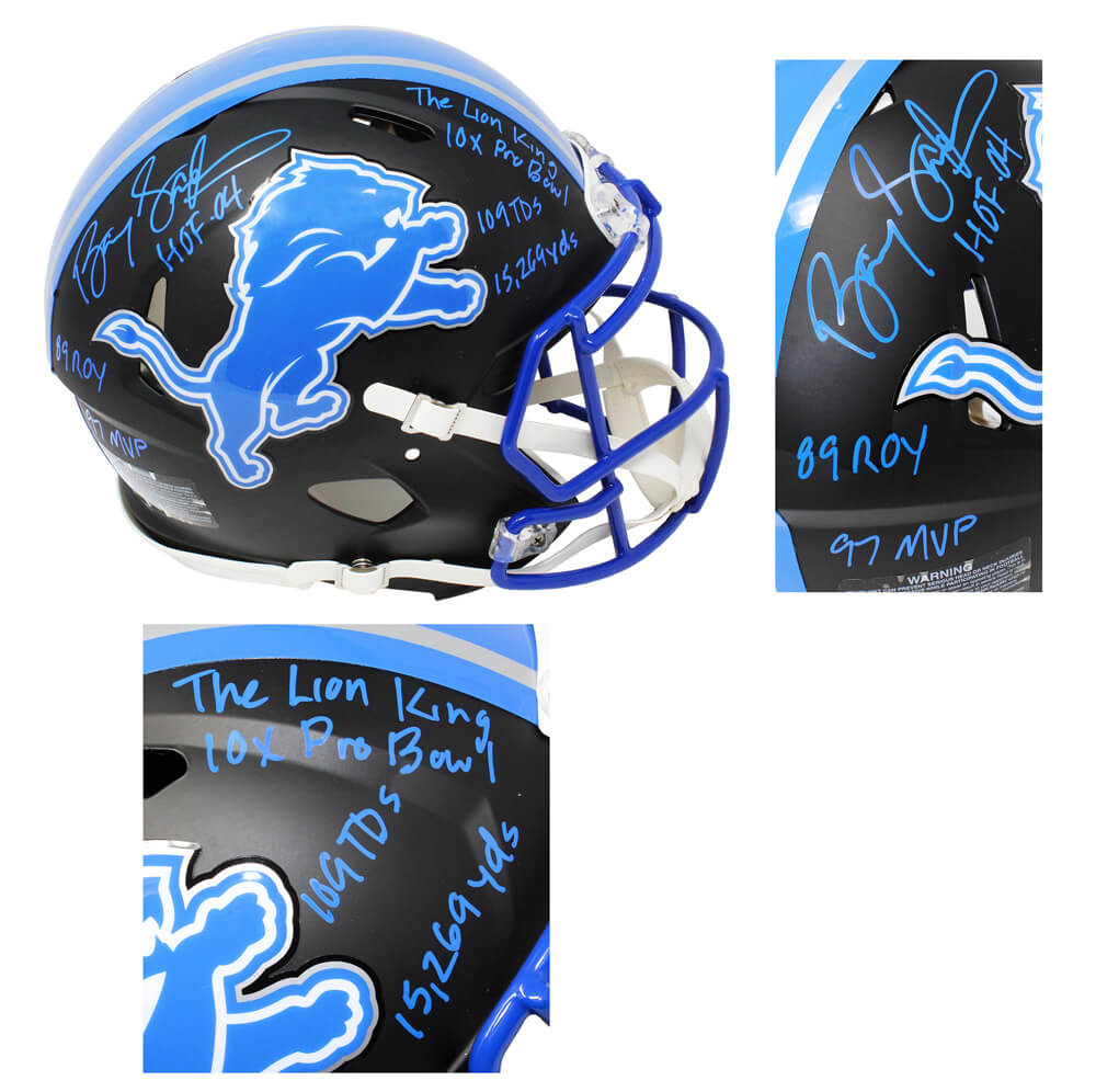 Barry Sanders Signed Detroit Lions Flat Black Matte Riddell Speed Authentic Proline Helmet w/7 Inscriptions - SANPRO312 - Barry Sanders Signed Detroit Lions Flat Black Matte Riddell Speed Authentic Proline Helmet w/7 Inscriptions product image