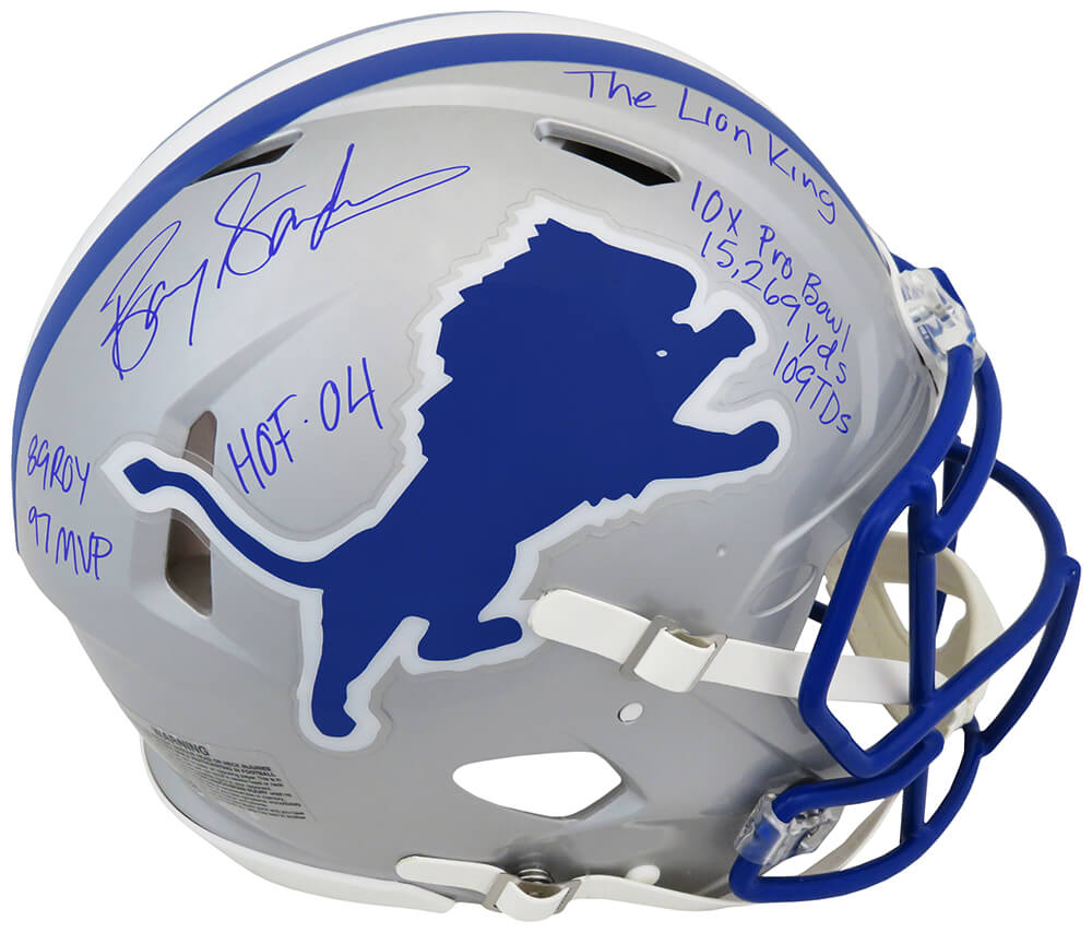 Barry Sanders Signed Detroit Lions Throwback Riddell Authentic ProLine Speed Helmet w/7 Inscriptions - SANPRO323 - Barry Sanders Signed Detroit Lions Throwback Riddell Authentic ProLine Speed Helmet w/7 Inscriptions product image