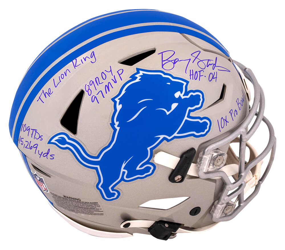 Barry Sanders Signed Detroit Lions Full Size Authentic SpeedFlex Helmet w/7 Inscriptions - SANPRO331 - Barry Sanders Signed Detroit Lions Full Size Authentic SpeedFlex Helmet w/7 Inscriptions product image