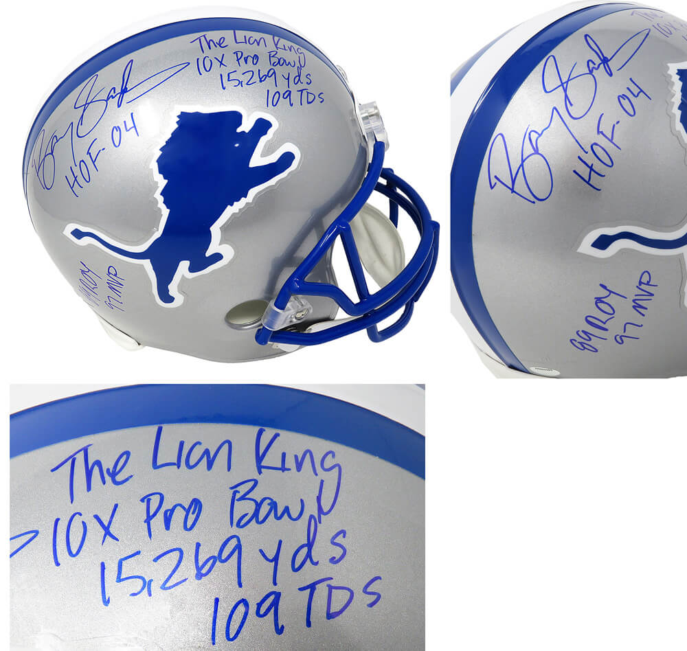 Barry Sanders Signed Lions Riddell Throwback Full-Size Replica Helmet w/7 Inscriptions - SANREP307 - Barry Sanders Signed Lions Riddell Throwback Full-Size Replica Helmet w/7 Inscriptions product image