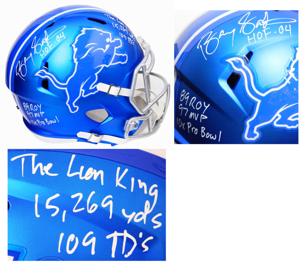 Barry Sanders Signed Detroit Lions Blaze Riddell Speed Full Size Replica Helmet w/7 Inscriptions - SANREP312 - Barry Sanders Signed Detroit Lions Blaze Riddell Speed Full Size Replica Helmet w/7 Inscriptions product image
