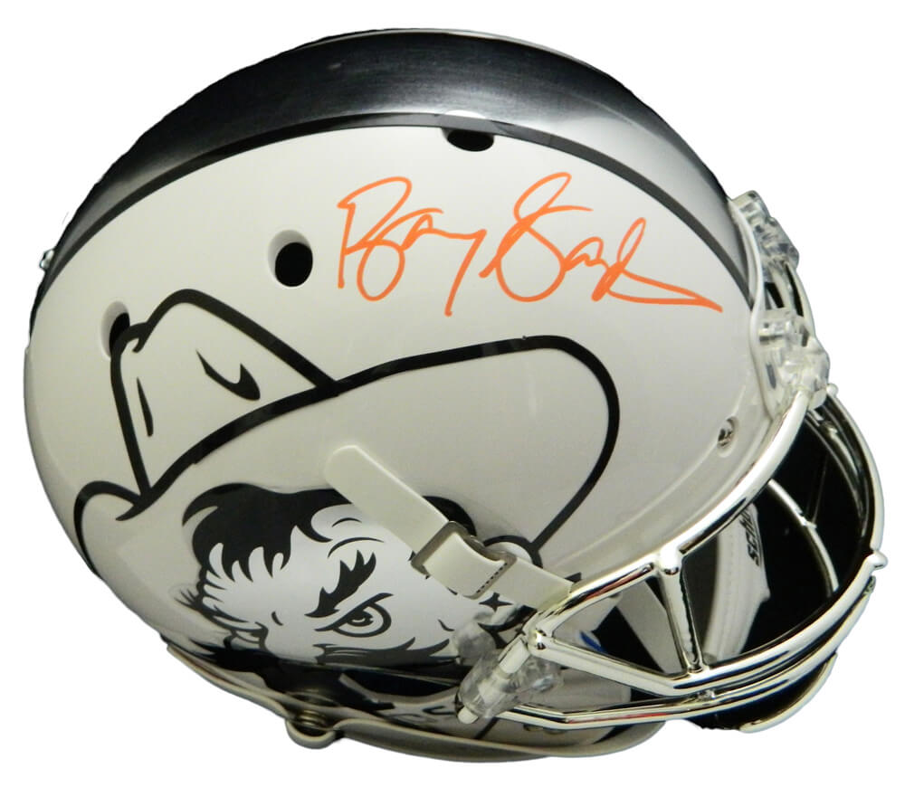 Barry Sanders Signed Oklahoma State White Icy Pistol Pete Schutt Full Size Replica Helmet (In Orange) - SANREP318 - Barry Sanders Signed Oklahoma State White Icy Pistol Pete Schutt Full Size Replica Helmet (In Orange) product image