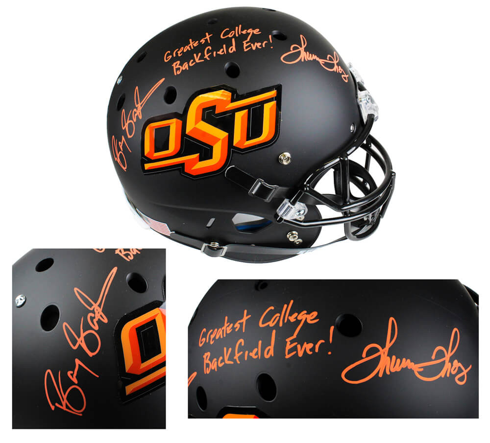Barry Sanders & Thurman Thomas Signed Oklahoma State Cowboys Black Schutt Full-Size Replica Helmet w/Greatest College Backfield Ever - SANREP319 - Barry Sanders & Thurman Thomas Signed Oklahoma State Cowboys Black Schutt Full-Size Replica Helmet w/Greatest College Backfield Ever product image
