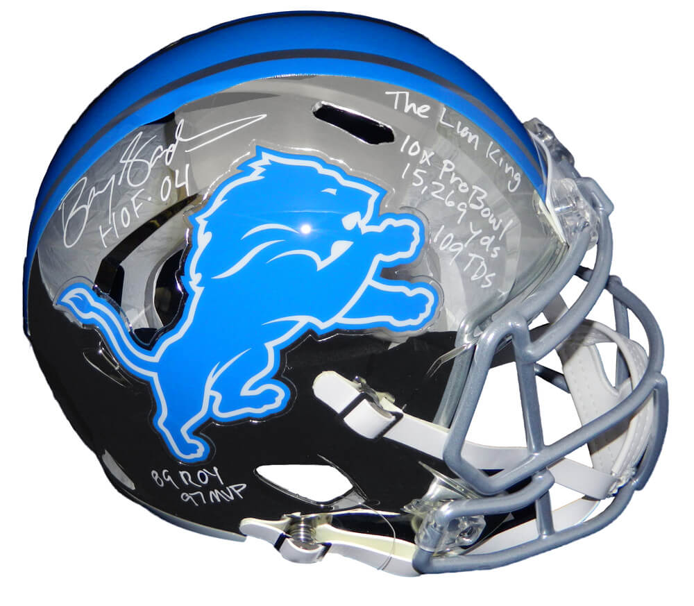 Barry Sanders Signed Detroit Lions Chrome Riddell Speed Full Size Replica Helmet w/7 Inscriptions - SANREP321 - Barry Sanders Signed Detroit Lions Chrome Riddell Speed Full Size Replica Helmet w/7 Inscriptions product image