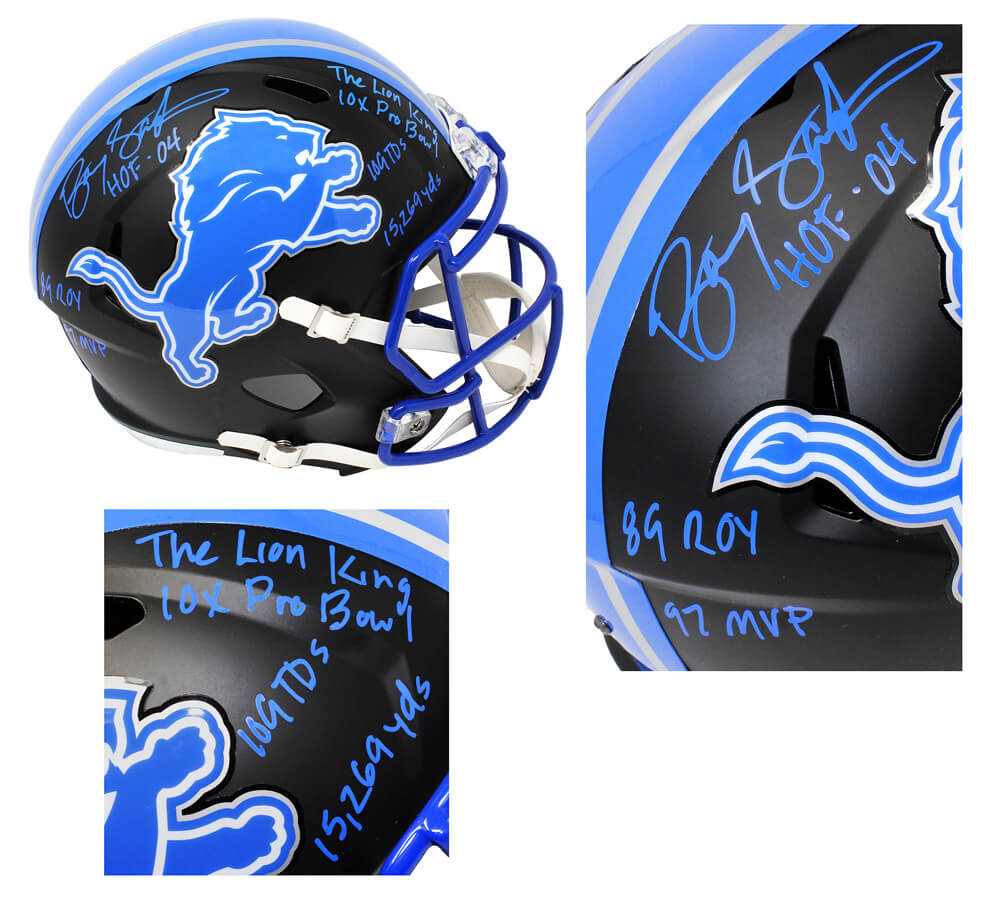 Barry Sanders Signed Detroit Lions Flat Black Matte Riddell Speed Full Size Replica Helmet w/7 Inscriptions - SANREP327 - Barry Sanders Signed Detroit Lions Flat Black Matte Riddell Speed Full Size Replica Helmet w/7 Inscriptions product image