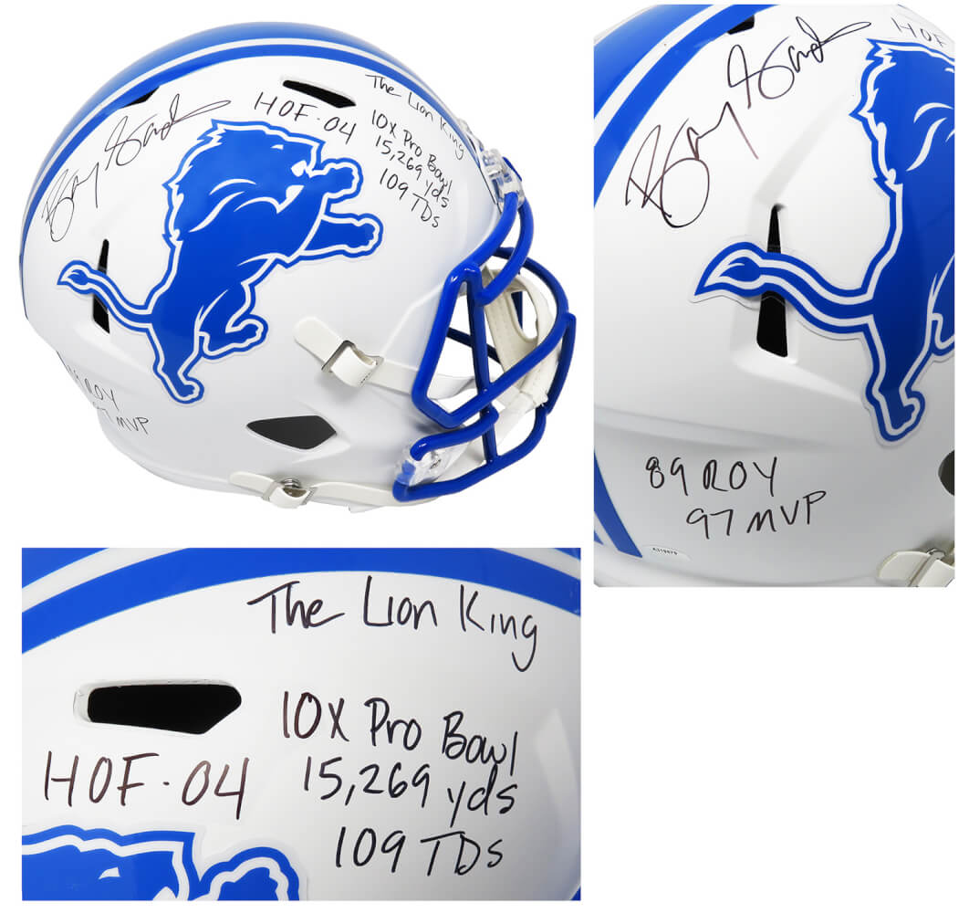 Barry Sanders Signed Detroit Lions Flat White Matte Riddell Speed Full Size Replica Helmet w/7 Inscriptions - SANREP334 - Barry Sanders Signed Detroit Lions Flat White Matte Riddell Speed Full Size Replica Helmet w/7 Inscriptions product image