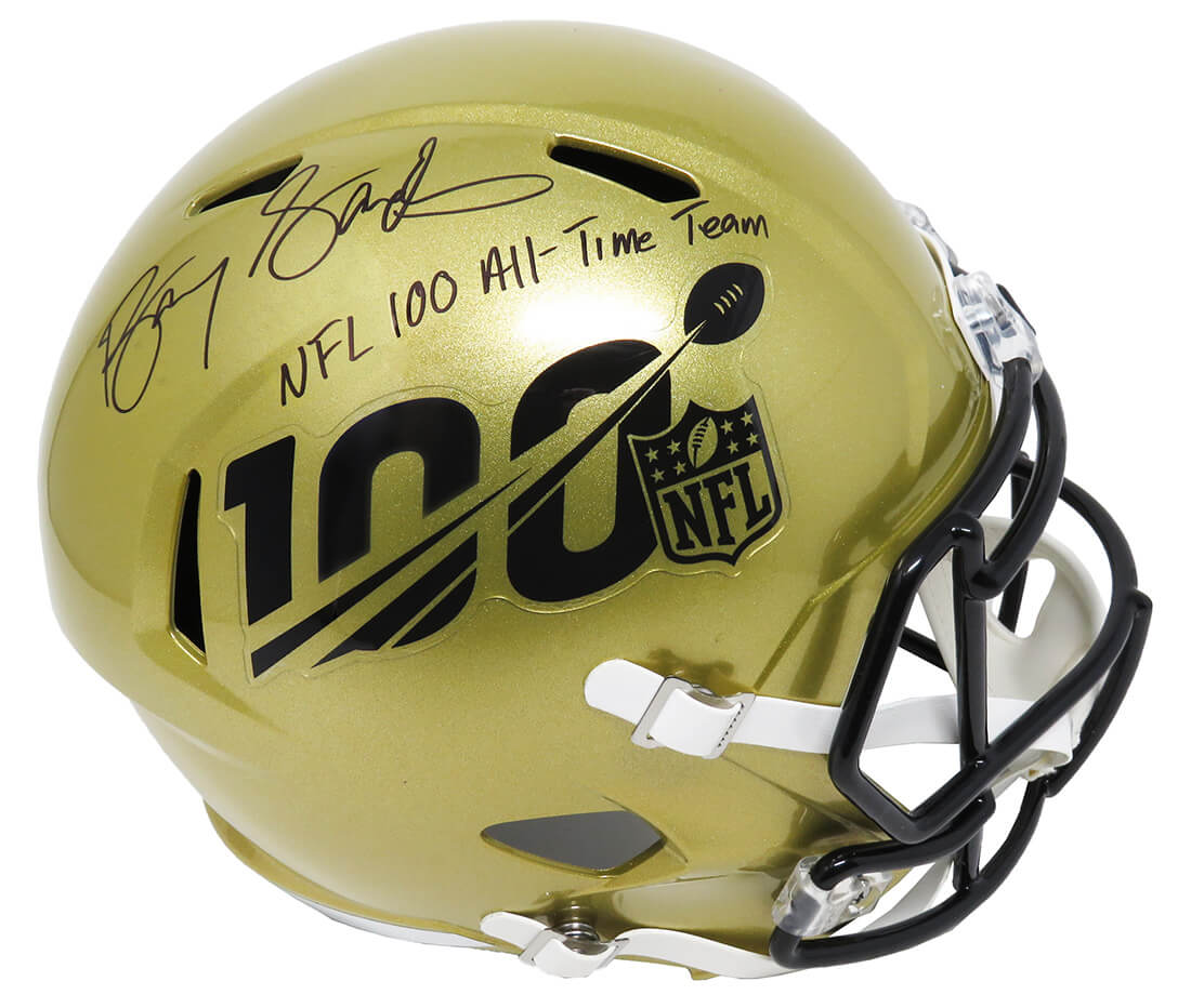 Barry Sanders Signed NFL 100th Season Logo Gold Riddell Speed Full Size Replica Helmet w/NFL 100 All-Time Team - SANREP335 - Barry Sanders Signed NFL 100th Season Logo Gold Riddell Speed Full Size Replica Helmet w/NFL 100 All-Time Team product image