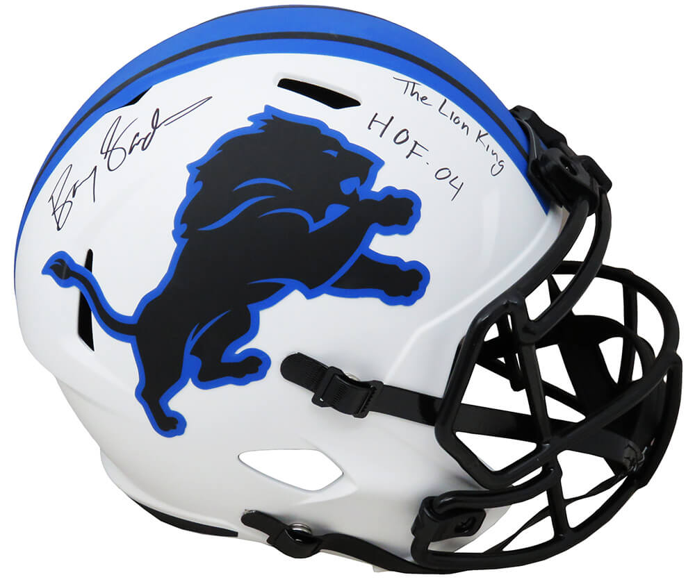 Barry Sanders Signed Detroit Lions Lunar Eclipse White Matte Riddell Speed Full Size Replica Helmet w/HOF'04, The Lion King - SANREP343 - Barry Sanders Signed Detroit Lions Lunar Eclipse White Matte Riddell Speed Full Size Replica Helmet w/HOF'04, The Lion King product image