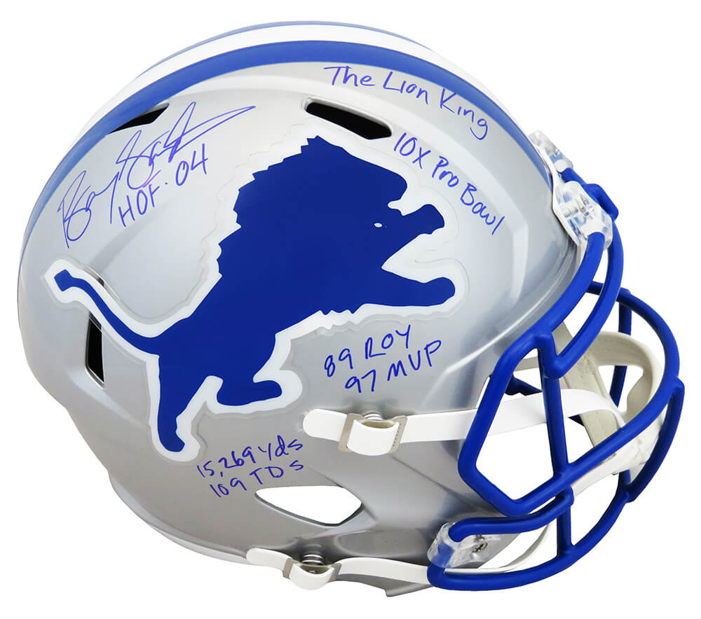 Barry Sanders Signed Detroit Lions Throwback Riddell Full Size Speed Replica Helmet w/7 Inscriptions - SANREP346 - Barry Sanders Signed Detroit Lions Throwback Riddell Full Size Speed Replica Helmet w/7 Inscriptions product image
