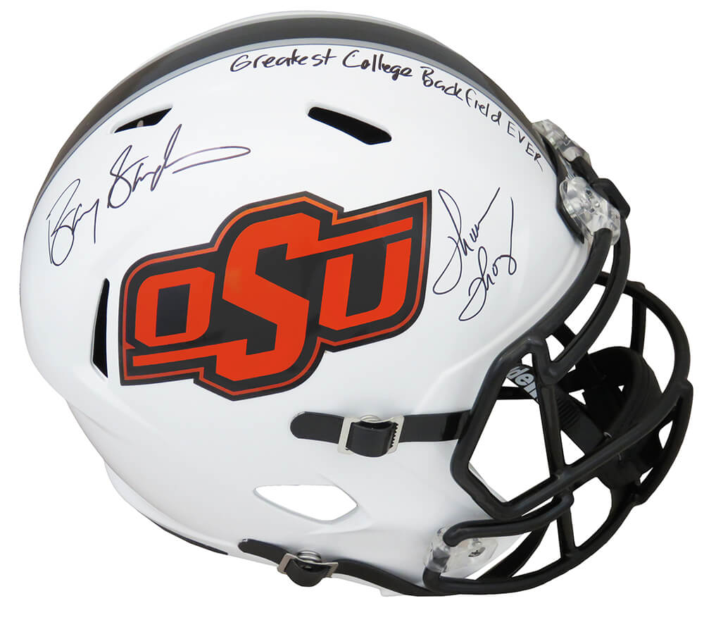 Barry Sanders & Thurman Thomas Signed Oklahoma State White Schutt F/S Replica Helmet w/Greatest College Back Field Ever - SANREP347 - Barry Sanders & Thurman Thomas Signed Oklahoma State White Schutt F/S Replica Helmet w/Greatest College Back Field Ever product image