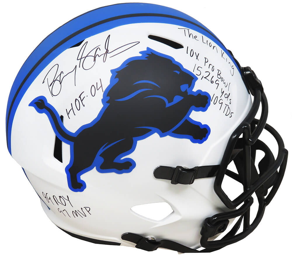 Barry Sanders Signed Detroit Lions Lunar Eclipse White Matte Riddell Speed Full Size Replica Helmet w/7 Inscriptions - SANREP349 - Barry Sanders Signed Detroit Lions Lunar Eclipse White Matte Riddell Speed Full Size Replica Helmet w/7 Inscriptions product image