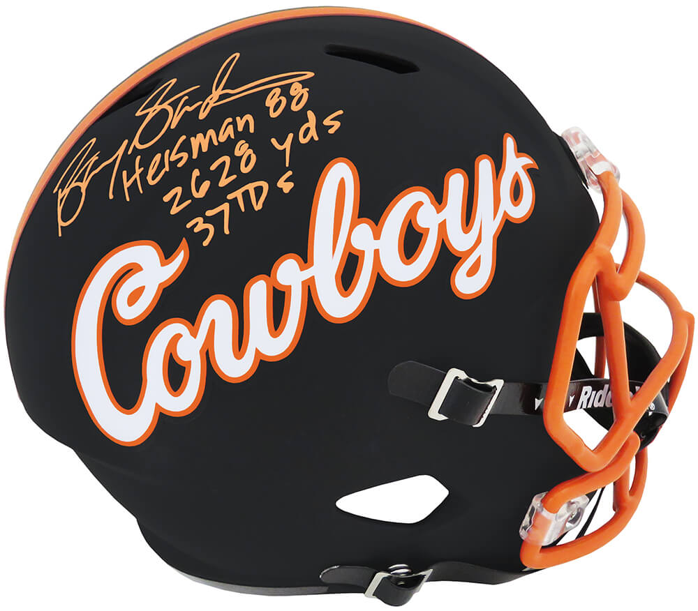 Barry Sanders Signed Oklahoma State Black Riddell Full Size Replica Helmet w/Heisman'88, 2628 Yds, 39 TDs - SANREP357 - Barry Sanders Signed Oklahoma State Black Riddell Full Size Replica Helmet w/Heisman'88, 2628 Yds, 39 TDs product image