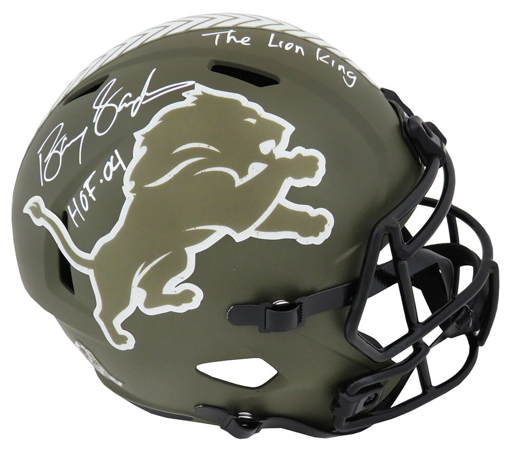 Barry Sanders Signed Detroit Lions Salute to Service Riddell Speed Full Size Replica Helmet w/HOF'04, The Lion King - SANREP359 - Barry Sanders Signed Detroit Lions Salute to Service Riddell Speed Full Size Replica Helmet w/HOF'04, The Lion King product image
