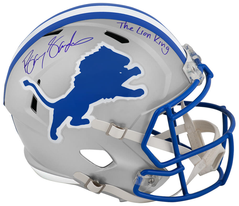 Barry Sanders Signed Detroit Lions T/B Riddell Full Size Speed Replica Helmet w/The Lion King - SANREP369 - Barry Sanders Signed Detroit Lions T/B Riddell Full Size Speed Replica Helmet w/The Lion King product image