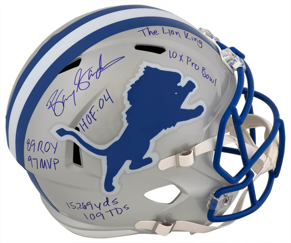 Barry Sanders Signed Detroit Lions T/B Riddell Full Size Speed Replica Helmet w/7-INSCRIPTIONS - SANREP372 - Barry Sanders Signed Detroit Lions T/B Riddell Full Size Speed Replica Helmet w/7-INSCRIPTIONS product image