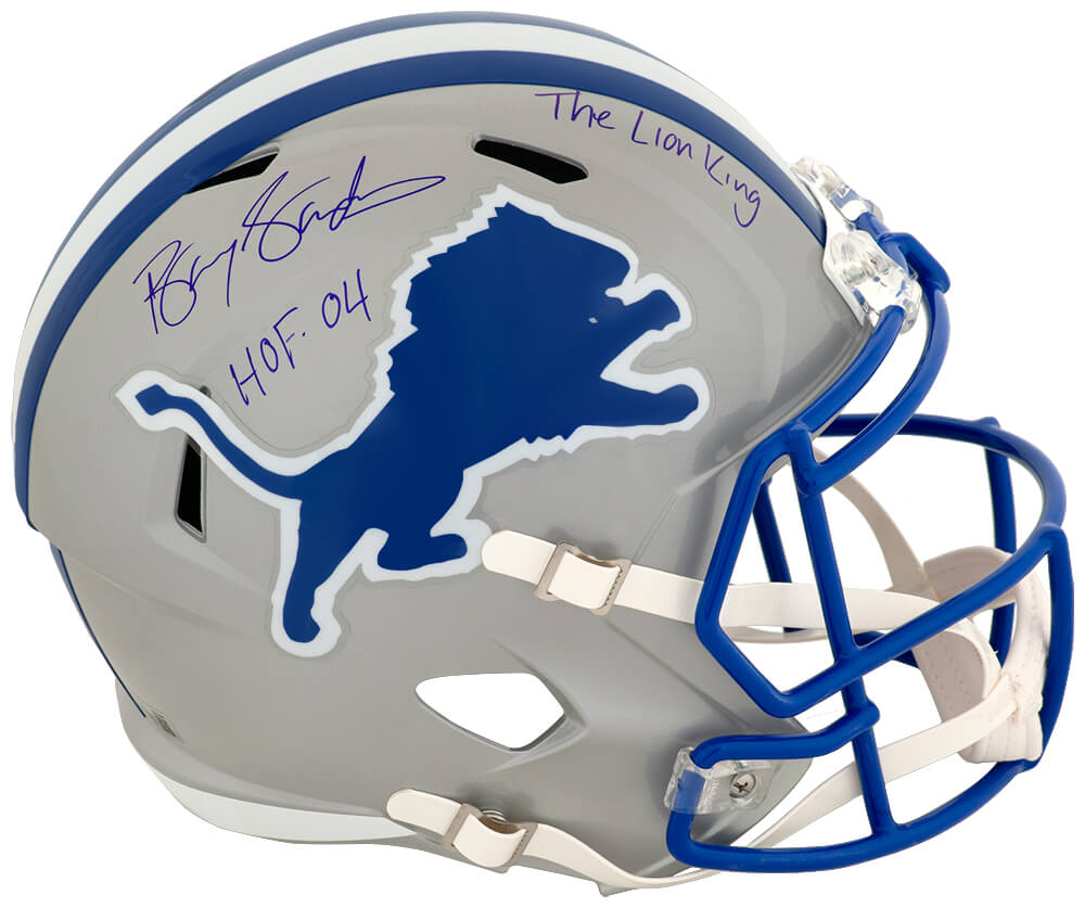 Barry Sanders Signed Lions Throwback Riddell Full Size Speed Replica Helmet w/HOF 04, The Lion King - SANREP392 - Barry Sanders Signed Lions Throwback Riddell Full Size Speed Replica Helmet w/HOF 04, The Lion King product image