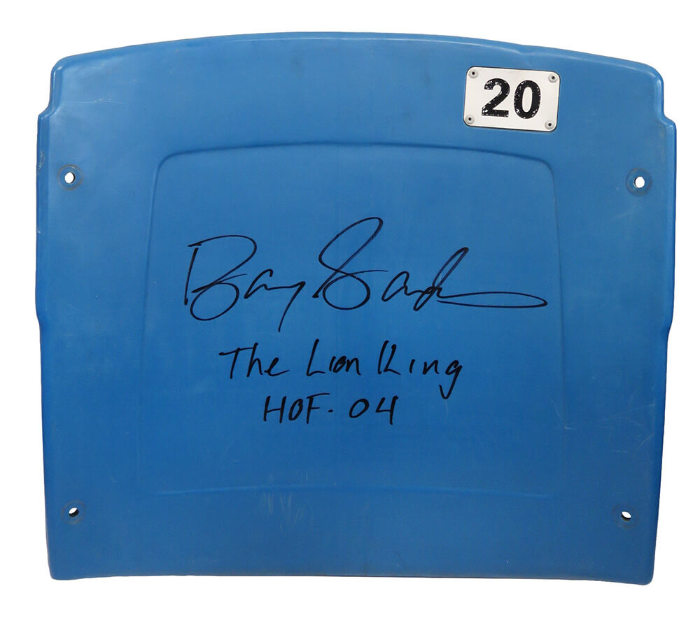 Barry Sanders Signed Detroit Silverdome Light Blue #20 Stadium Seatback w/The Lion King, HOF'04 - SANSTB305 - Barry Sanders Signed Detroit Silverdome Light Blue #20 Stadium Seatback w/The Lion King, HOF'04 product image