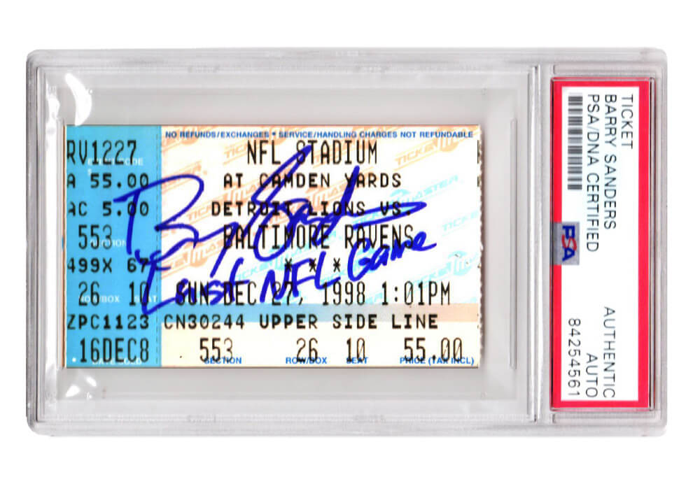Barry Sanders Signed Detroit Lions vs Baltimore Ravens December 27, 1998 Ticket Stub w/Last NFL Game (PSA Encapsulated) - SANTIC300 - Barry Sanders Signed Detroit Lions vs Baltimore Ravens December 27, 1998 Ticket Stub w/Last NFL Game (PSA Encapsulated) product image