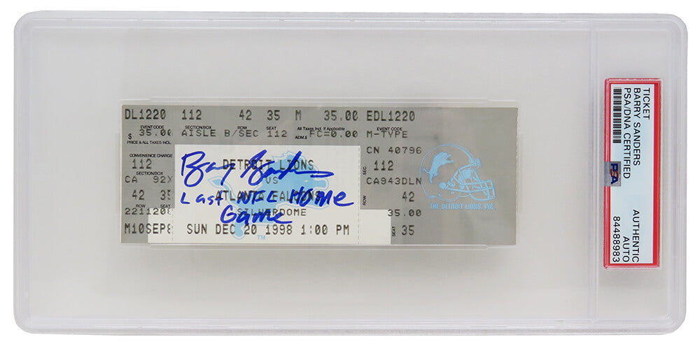 Barry Sanders Signed Detroit Lions vs Falcons December 20, 1998 Ticket Stub w/Last NFL Home Game (PSA Encapsulated) - SANTIC301 - Barry Sanders Signed Detroit Lions vs Falcons December 20, 1998 Ticket Stub w/Last NFL Home Game (PSA Encapsulated) product image