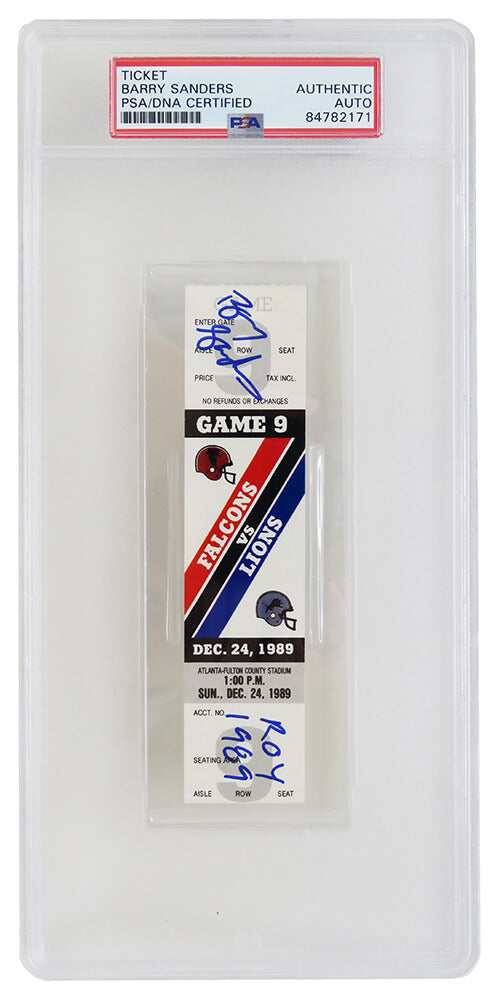 Barry Sanders Signed Lions vs Falcons December 24, 1989 Rookie Season Ticket Stub w/1989 ROY (PSA Encapsulated) - SANTIC304 - Barry Sanders Signed Lions vs Falcons December 24, 1989 Rookie Season Ticket Stub w/1989 ROY (PSA Encapsulated) product image