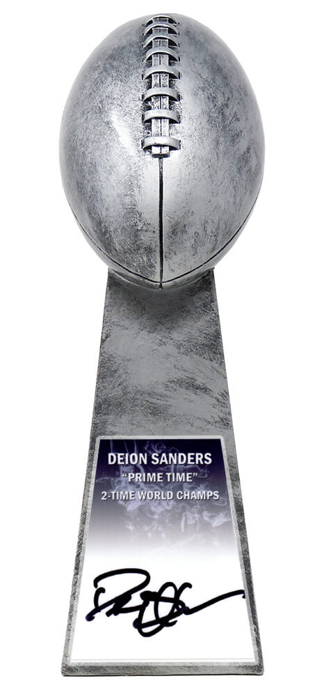 Deion Sanders Signed Football World Champion 15 Inch Replica Silver Trophy - SANTRO303 - Deion Sanders Signed Football World Champion 15 Inch Replica Silver Trophy product image