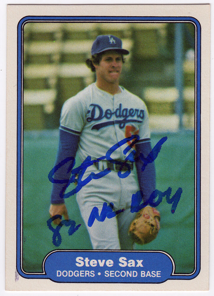 Steve Sax Signed Los Angeles Dodgers 1982 Fleer Rookie Baseball Card #21 w/82 NL ROY - SAXCAR100 - Steve Sax Signed Los Angeles Dodgers 1982 Fleer Rookie Baseball Card #21 w/82 NL ROY product image
