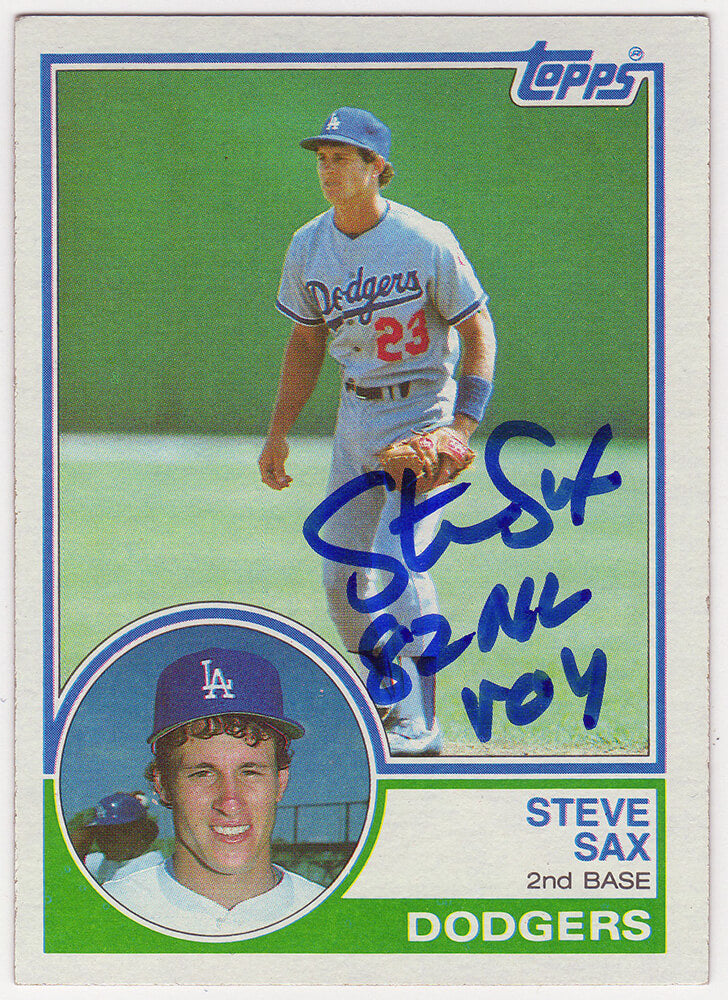 Steve Sax Signed Los Angeles Dodgers 1983 Topps Baseball Card #245 w/82 NL ROY - SAXCAR103 - Steve Sax Signed Los Angeles Dodgers 1983 Topps Baseball Card #245 w/82 NL ROY product image