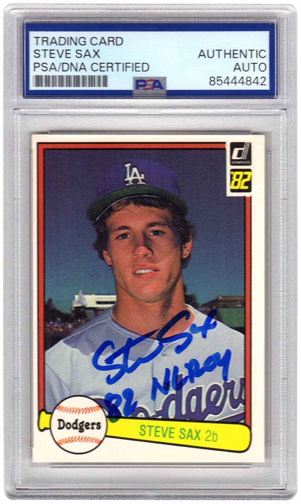Steve Sax Signed Los Angeles Dodgers 1982 Donruss Rookie Baseball Card #624 w/82 NL ROY - (PSA Encapsulated) - SAXCAR105 - Steve Sax Signed Los Angeles Dodgers 1982 Donruss Rookie Baseball Card #624 w/82 NL ROY - (PSA Encapsulated) product image
