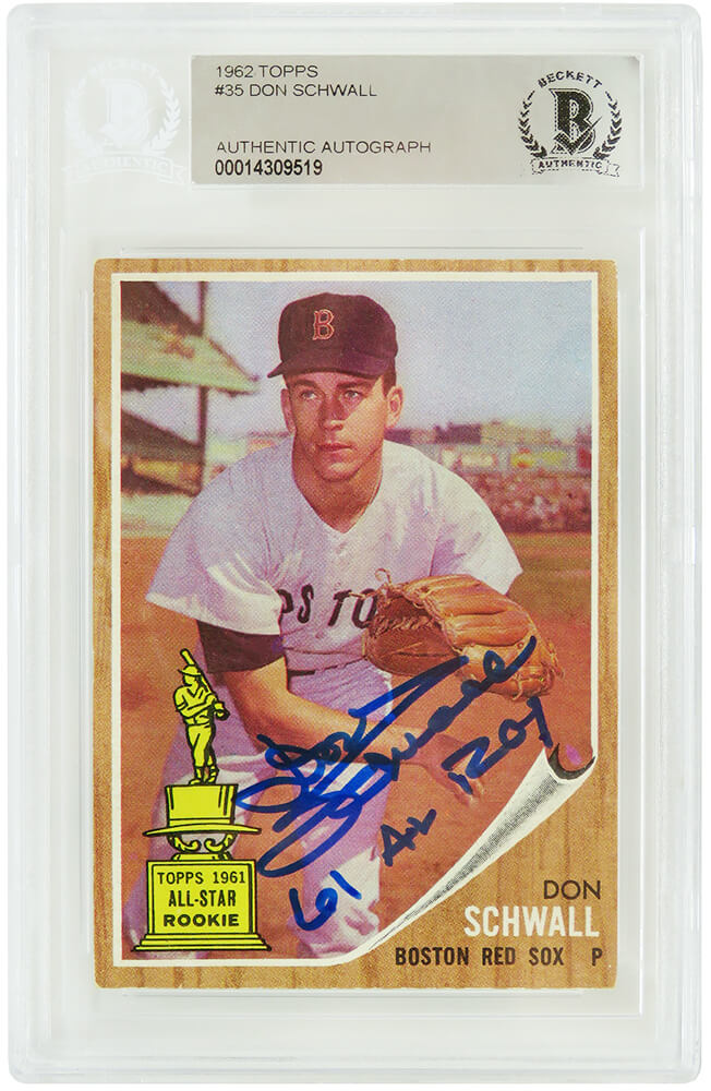 Don Schwall Signed Boston Red Sox 1962 Topps Baseball Trading Card #35 w/61 AL ROY - (Beckett Encapsulated) - SCHCAR120 - Don Schwall Signed Boston Red Sox 1962 Topps Baseball Trading Card #35 w/61 AL ROY - (Beckett Encapsulated) product image