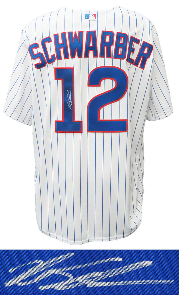 Kyle Schwarber Signed Cubs White Pinstripe Majestic Replica Baseball Jersey - SCHJRY102 - Kyle Schwarber Signed Cubs White Pinstripe Majestic Replica Baseball Jersey product image