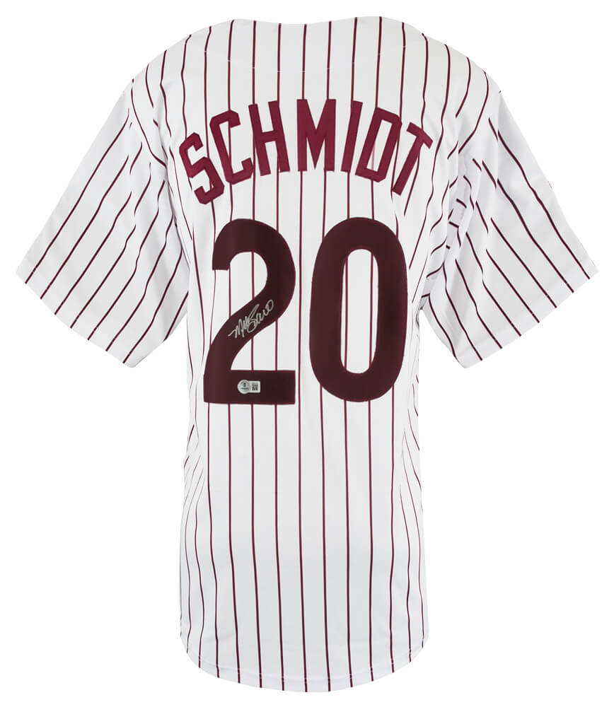 Mike Schmidt Signed White Pinstripe Throwback Custom Baseball Jersey - (Beckett) - SCHJRY120 - Mike Schmidt Signed White Pinstripe Throwback Custom Baseball Jersey - (Beckett) product image
