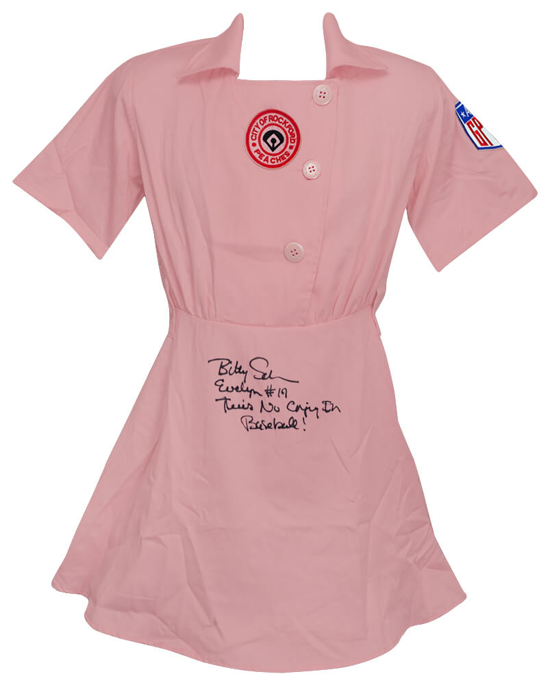 Bitty Schram Signed Rockford Peaches Pink Costume Women's Baseball Jersey w/Evelyn, There's No Crying In Baseball - SCHJRY500 - Bitty Schram Signed Rockford Peaches Pink Costume Women's Baseball Jersey w/Evelyn, There's No Crying In Baseball product image