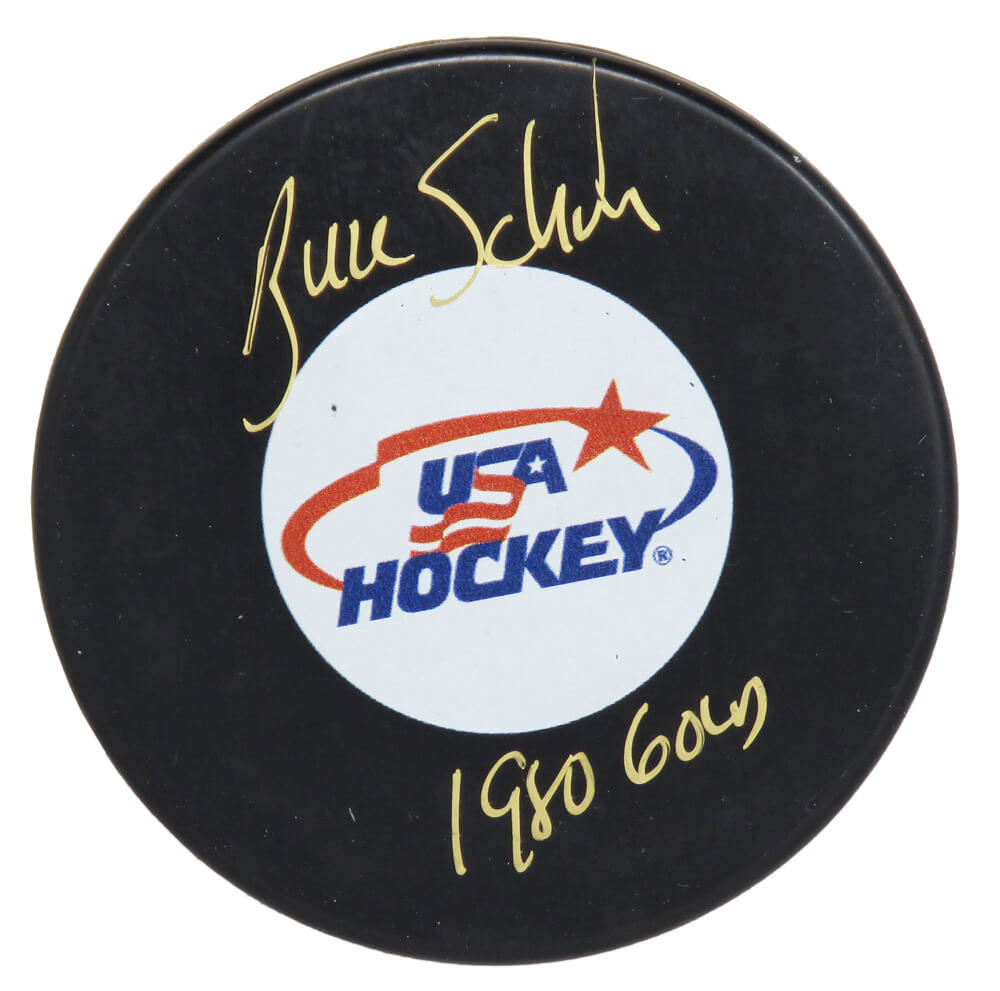 Buzz Schneider Signed USA Hockey Logo Hockey Puck w/1980 Gold - SCHPUC401 - Buzz Schneider Signed USA Hockey Logo Hockey Puck w/1980 Gold product image
