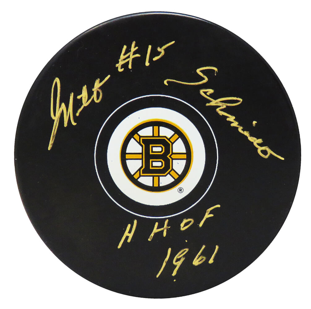 Milt Schmidt Signed Boston Bruins Logo Hockey Puck w/HHOF 1961 - SCHPUC410 - Milt Schmidt Signed Boston Bruins Logo Hockey Puck w/HHOF 1961 product image