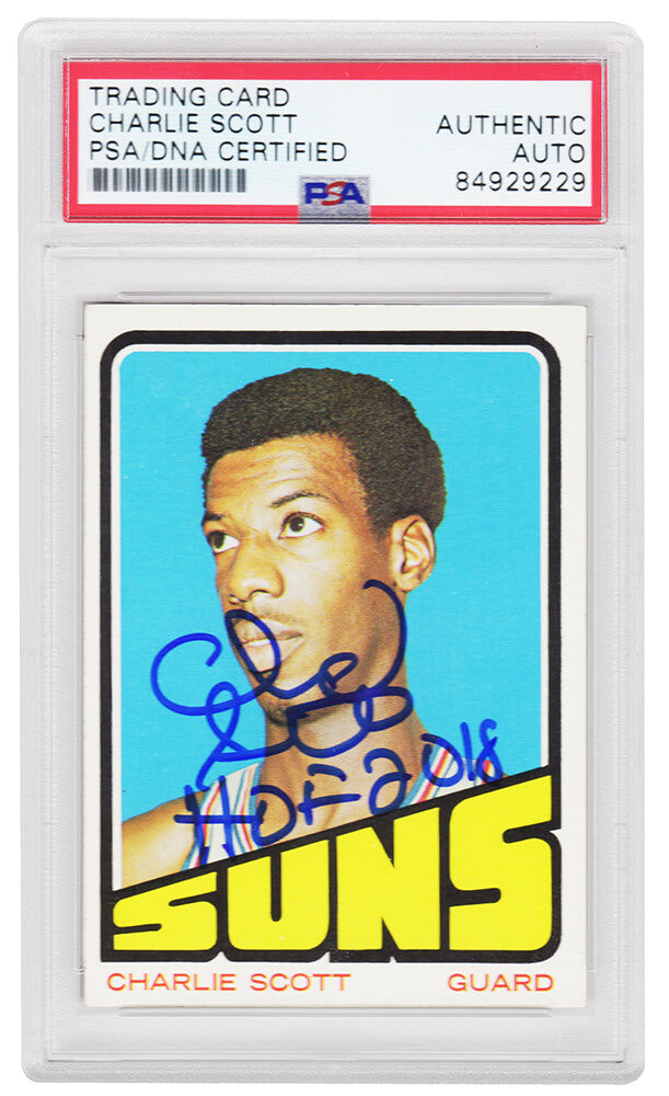 Charlie Scott Signed Suns 1972-73 Topps Basketball Trading Card #47 w/HOF 2018 - (PSA Encapsulated) - SCOCAR200 - Charlie Scott Signed Suns 1972-73 Topps Basketball Trading Card #47 w/HOF 2018 - (PSA Encapsulated) product image