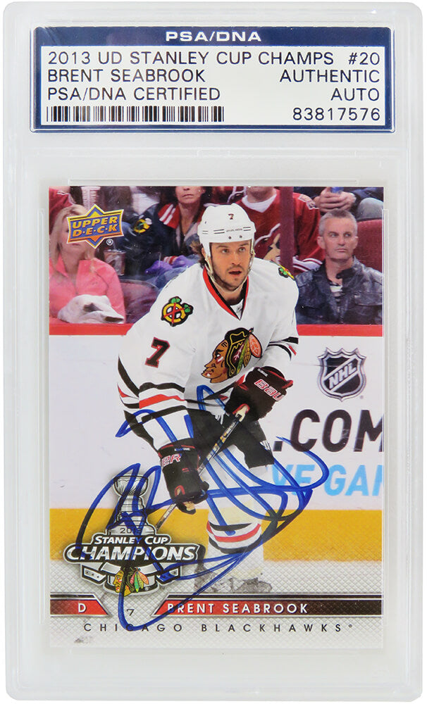 Brent Seabrook Signed Chicago Blackhawks 2013 Upper Deck Stanley Cup Champs Hockey Card #20 - PSA/DNA - SEACAR400 - Brent Seabrook Signed Chicago Blackhawks 2013 Upper Deck Stanley Cup Champs Hockey Card #20 - PSA/DNA product image