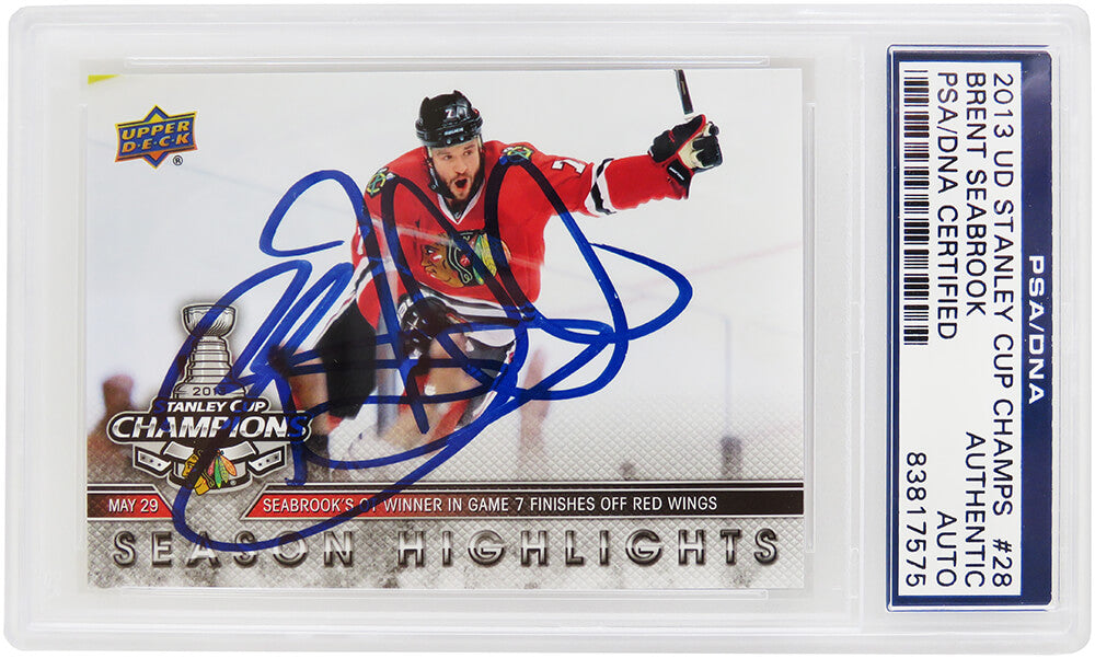 Brent Seabrook Signed Chicago Blackhawks 2013 Upper Deck Stanley Cup Champs Hockey Card #28 - PSA/DNA - SEACAR401 - Brent Seabrook Signed Chicago Blackhawks 2013 Upper Deck Stanley Cup Champs Hockey Card #28 - PSA/DNA product image