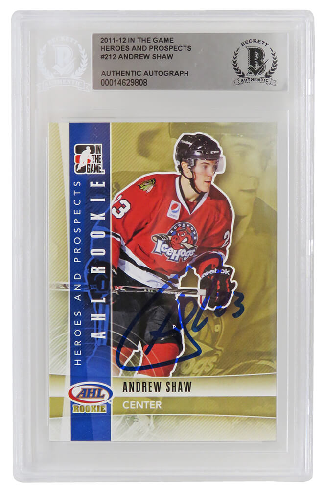 Andrew Shaw Signed Rockford Ice Hogs  2011-12 In The Game Heroes & Prospects AHL Rookie #212 - (Beckett Encapsulated) - SHACAR402 - Andrew Shaw Signed Rockford Ice Hogs 2011-12 In The Game Heroes & Prospects AHL Rookie #212 - (Beckett Encapsulated) product image