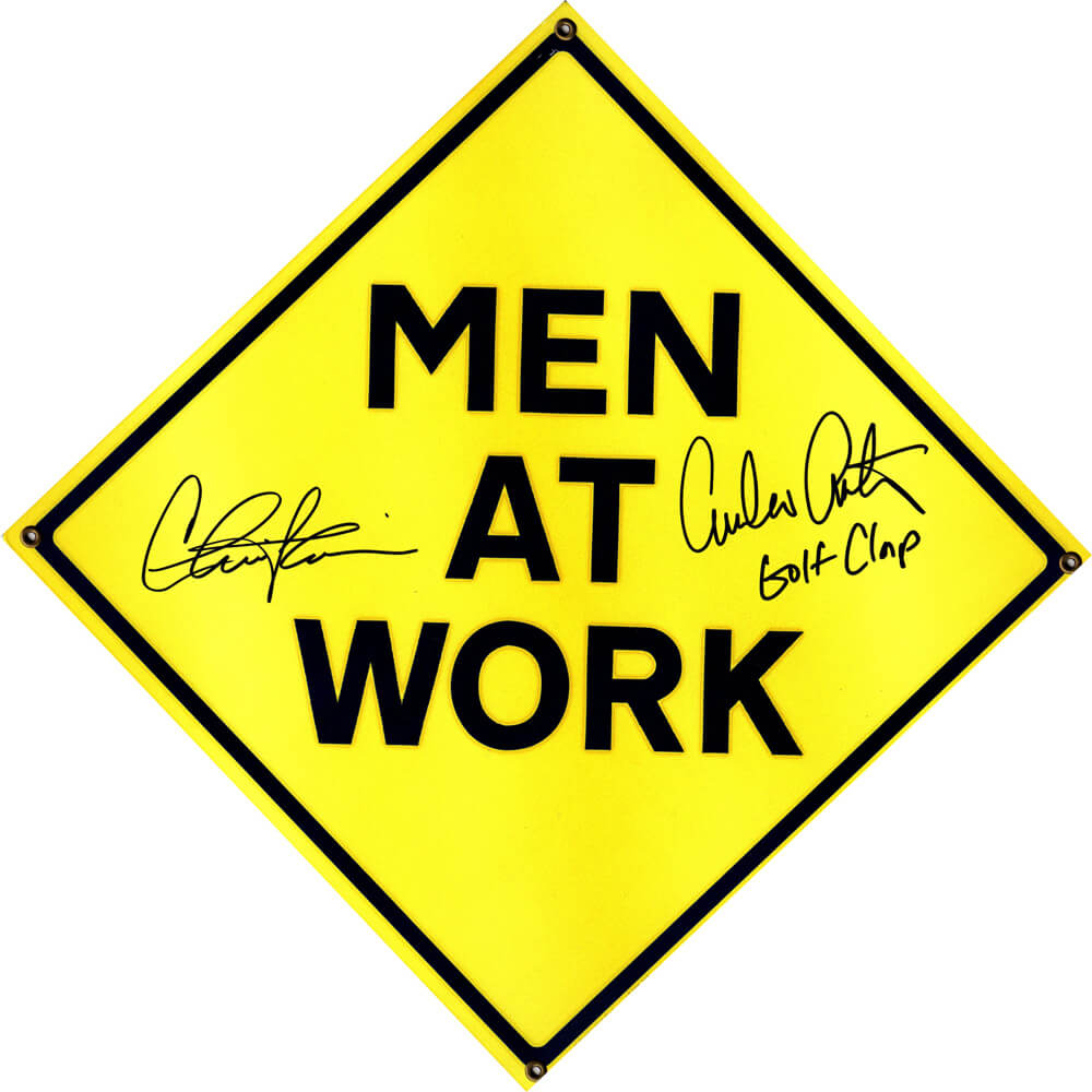 Charlie Sheen & Emilio Estevez Dual Signed Men At Work Yellow 12x12 Sign w/Golf Clap - SHEOTH501 - Charlie Sheen & Emilio Estevez Dual Signed Men At Work Yellow 12x12 Sign w/Golf Clap product image
