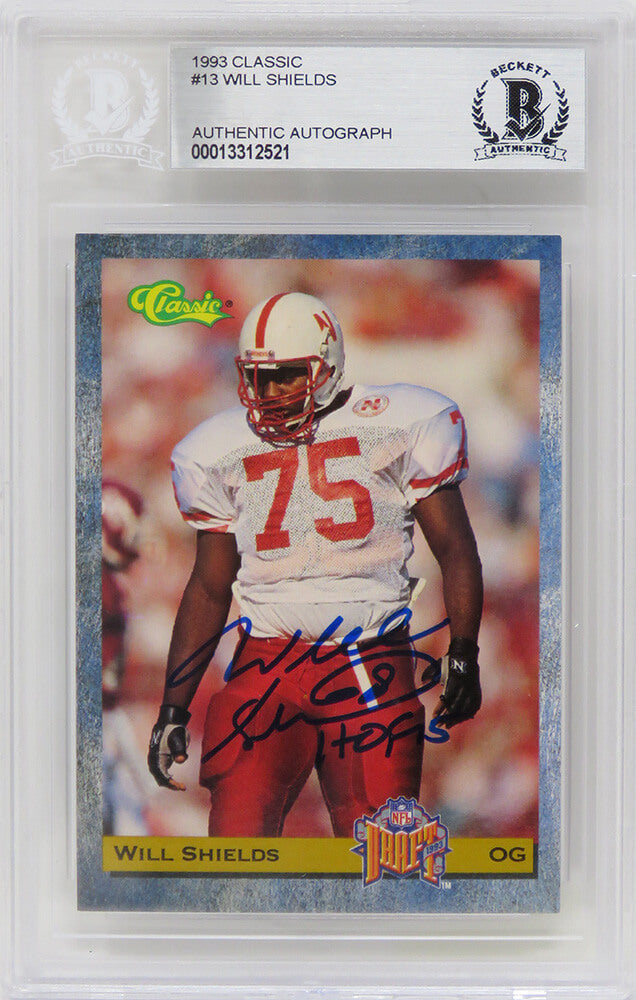 Will Shields Signed 1993 Classic Football Rookie Trading Card #13 w/HOF'15 - (Beckett Encapsulated) - SHICAR303 - Will Shields Signed 1993 Classic Football Rookie Trading Card #13 w/HOF'15 - (Beckett Encapsulated) product image