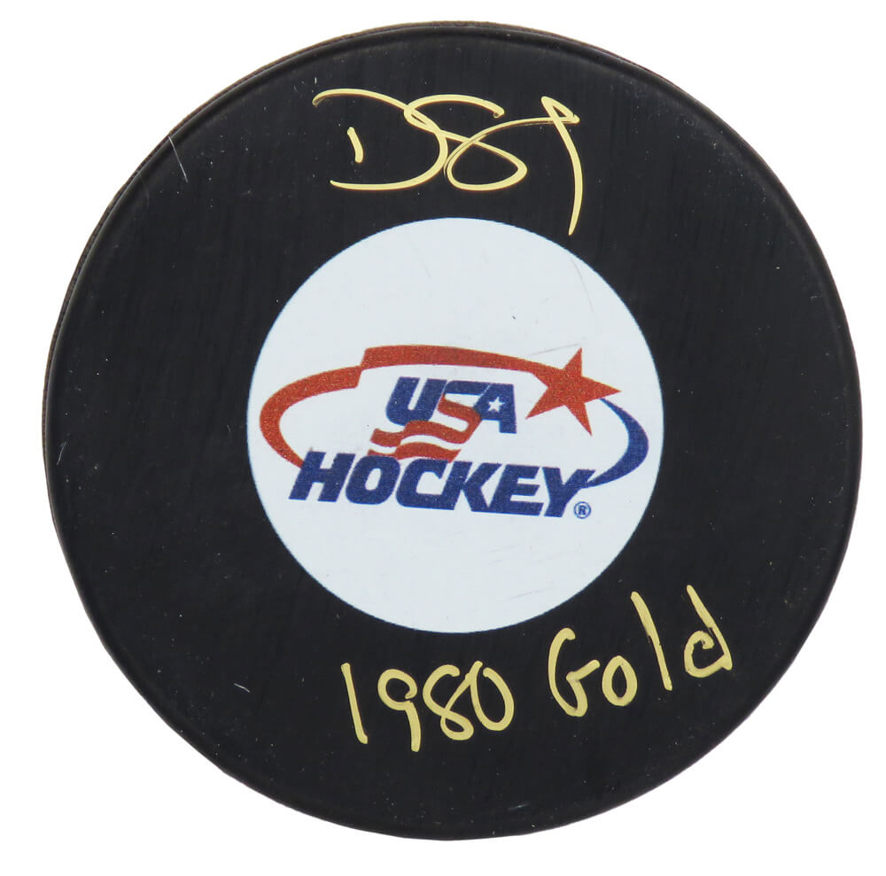 Dave Silk Signed USA Hockey Logo Hockey Puck w/1980 Gold - SILPUC401 - Dave Silk Signed USA Hockey Logo Hockey Puck w/1980 Gold product image