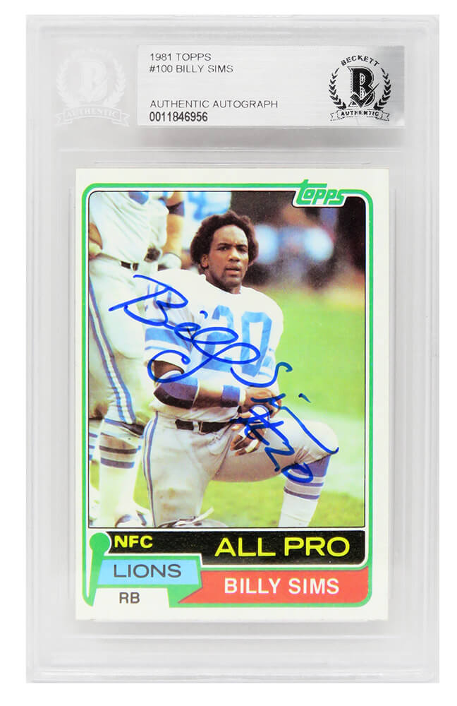 Billy Sims Signed Detroit Lions 1981 Topps Rookie Football Trading Card #100 - (Beckett Encapsulated) - SIMCAR301 - Billy Sims Signed Detroit Lions 1981 Topps Rookie Football Trading Card #100 - (Beckett Encapsulated) product image