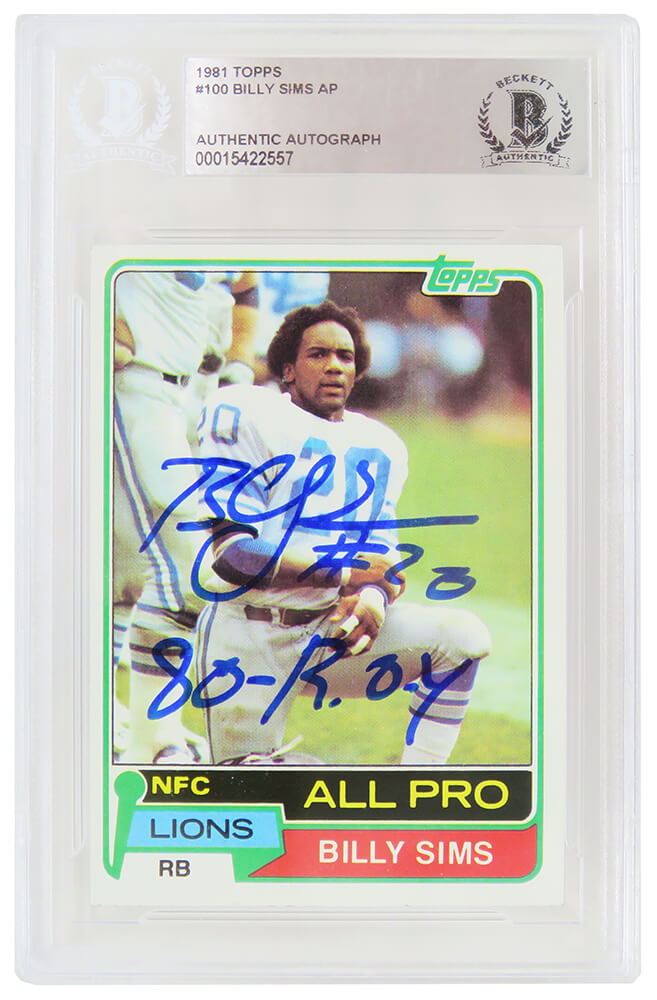 Billy Sims Signed Detroit Lions 1981 Topps Rookie Football Trading Card #100 w/80 ROY - (Beckett Encapsulated) - SIMCAR302 - Billy Sims Signed Detroit Lions 1981 Topps Rookie Football Trading Card #100 w/80 ROY - (Beckett Encapsulated) product image