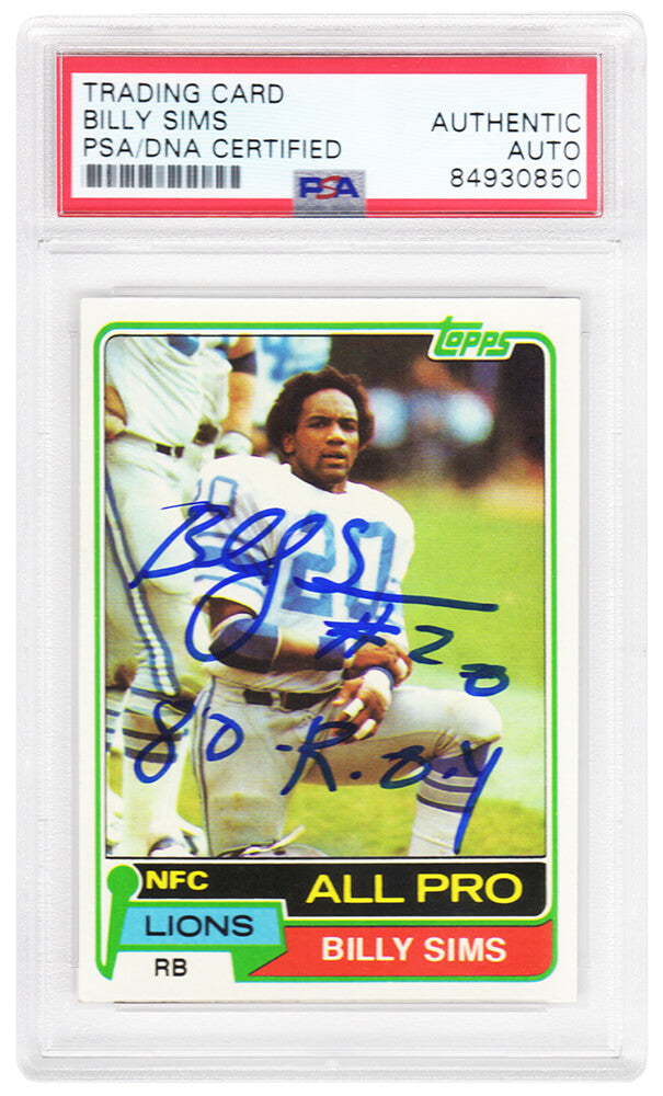 Billy Sims Signed Detroit Lions 1981 Topps Rookie Football Card #100 w/80 ROY - (PSA Encapsulated) - SIMCAR304 - Billy Sims Signed Detroit Lions 1981 Topps Rookie Football Card #100 w/80 ROY - (PSA Encapsulated) product image